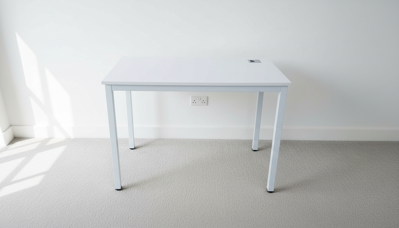 White office desk in a minimalistic room with a light gray floor and white walls.