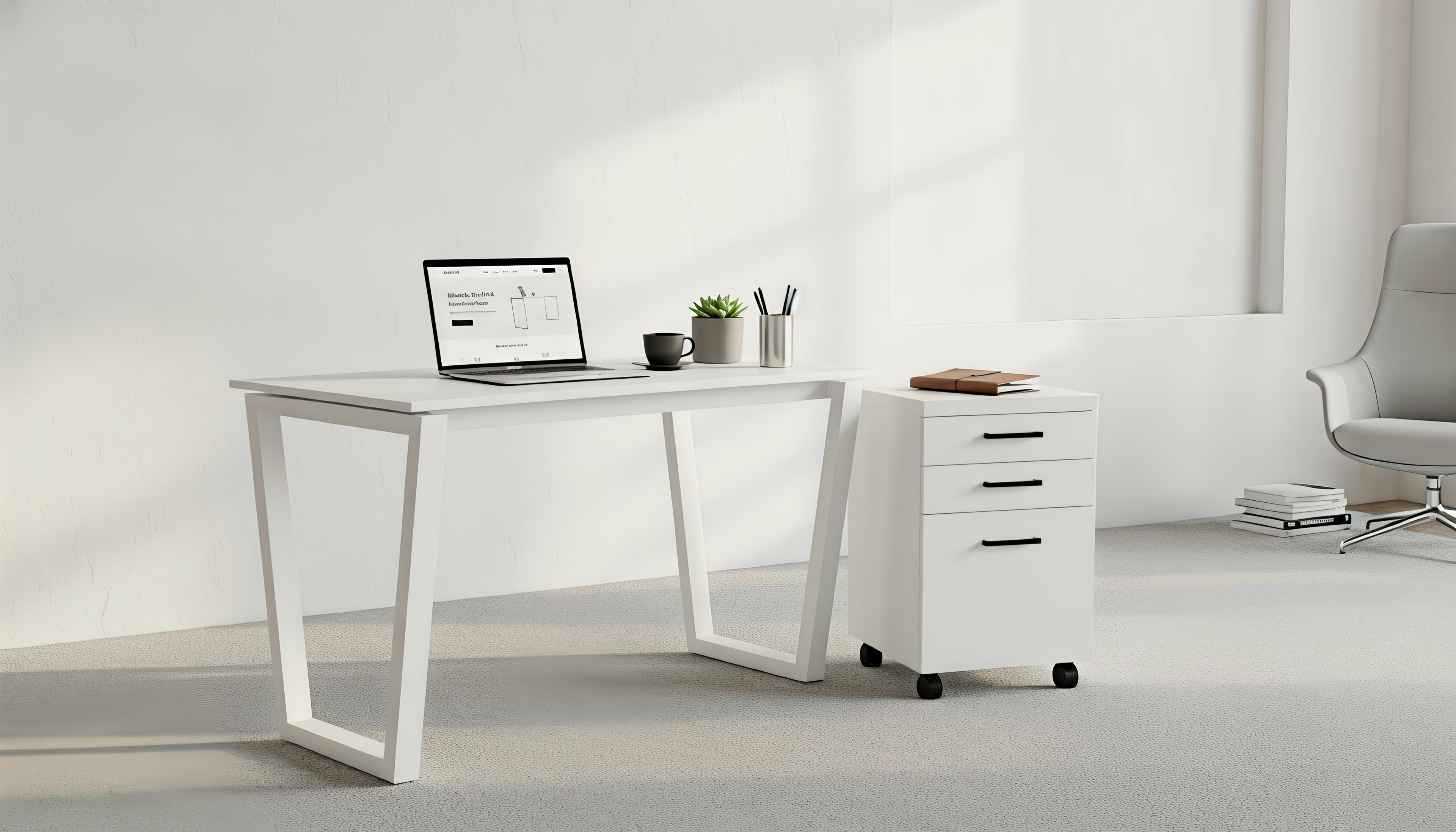 Modern office desk with a laptop, office supplies, and a chair in a bright room.