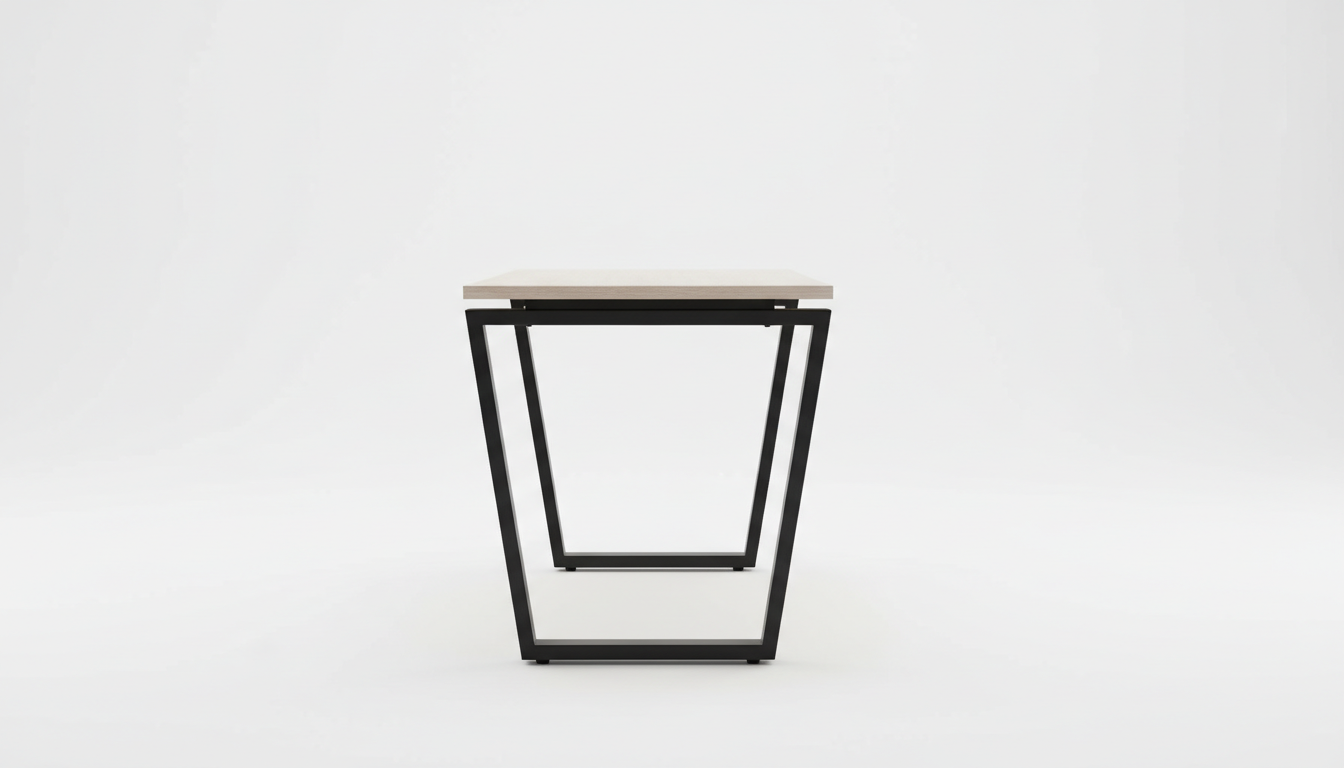 Modern black metal table base on a white background, side angle 