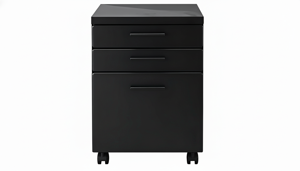 Black file cabinet with three drawers on a white background