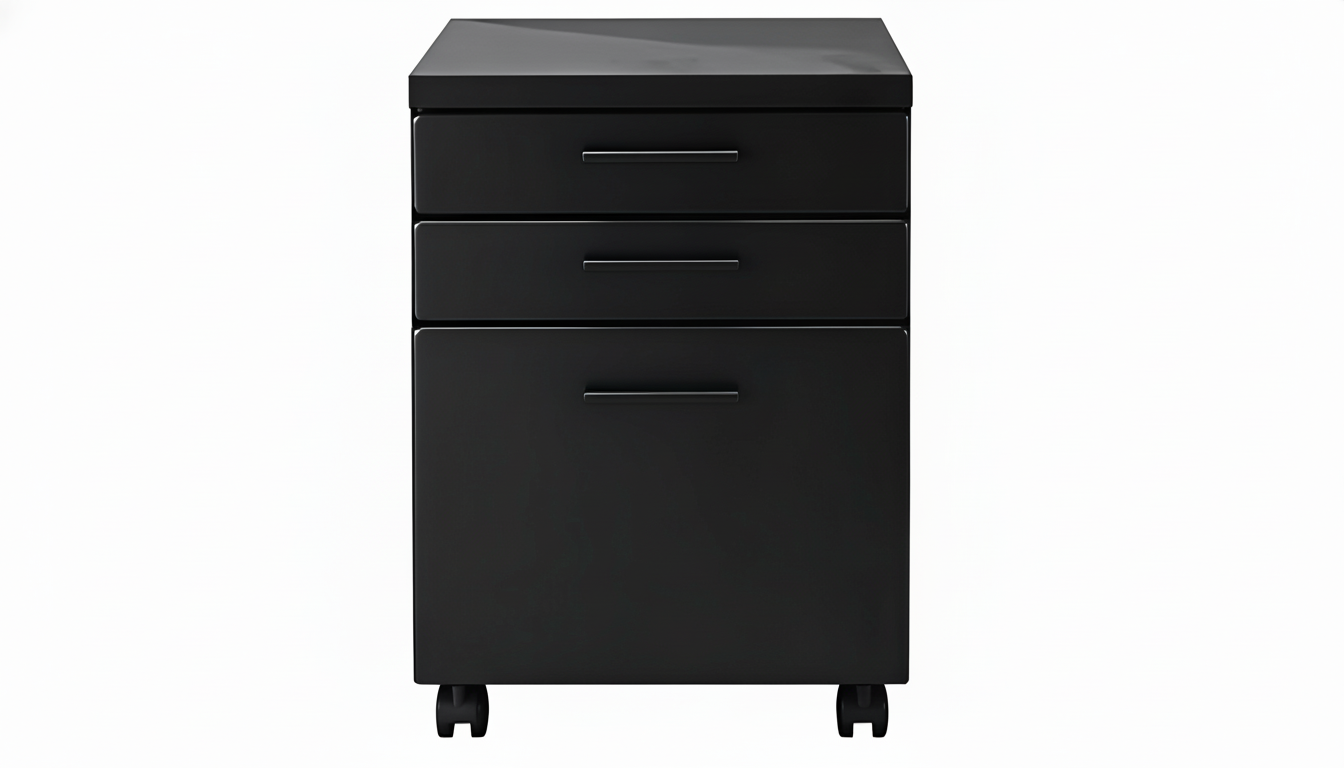 Black file cabinet with three drawers on a white background
