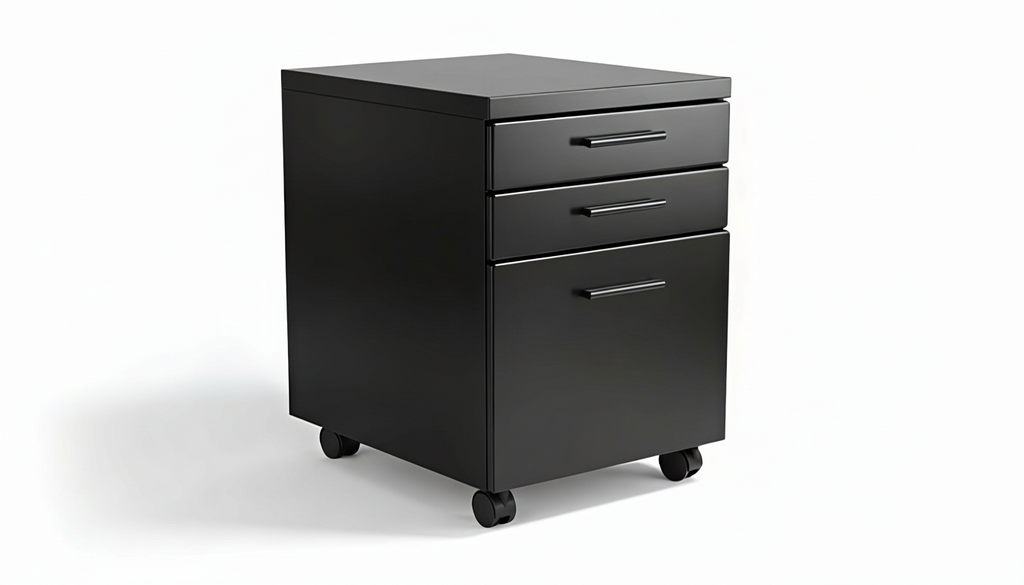 Black file cabinet with three drawers on wheels against a white background