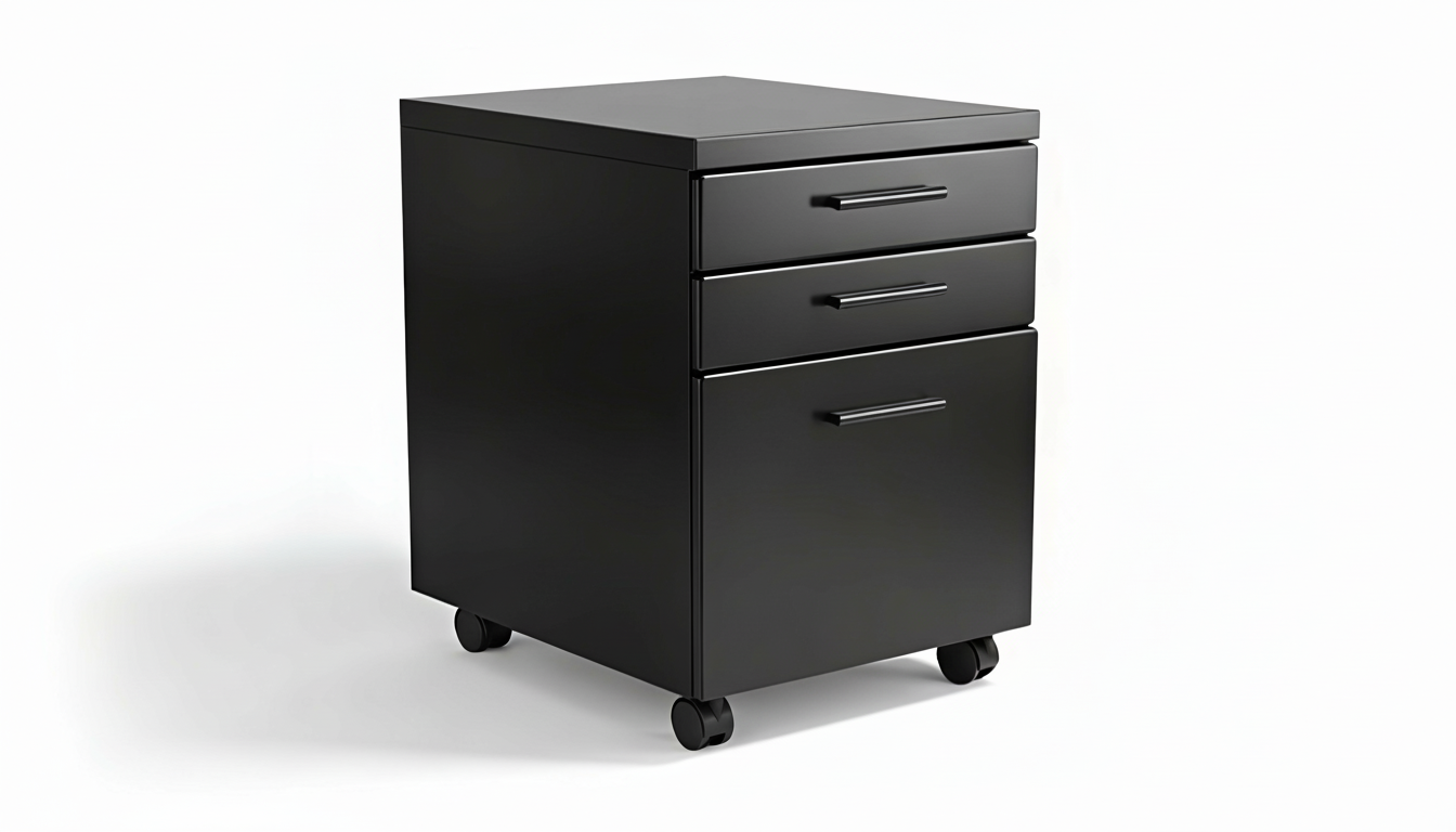 Black file cabinet with three drawers on wheels against a white background