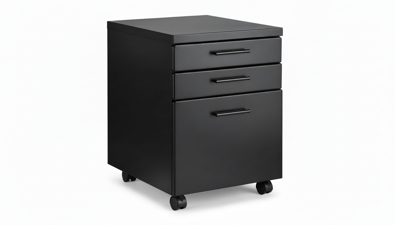Black file cabinet with drawers on a white background