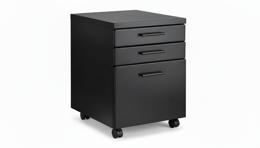 Black file cabinet with drawers on a white background