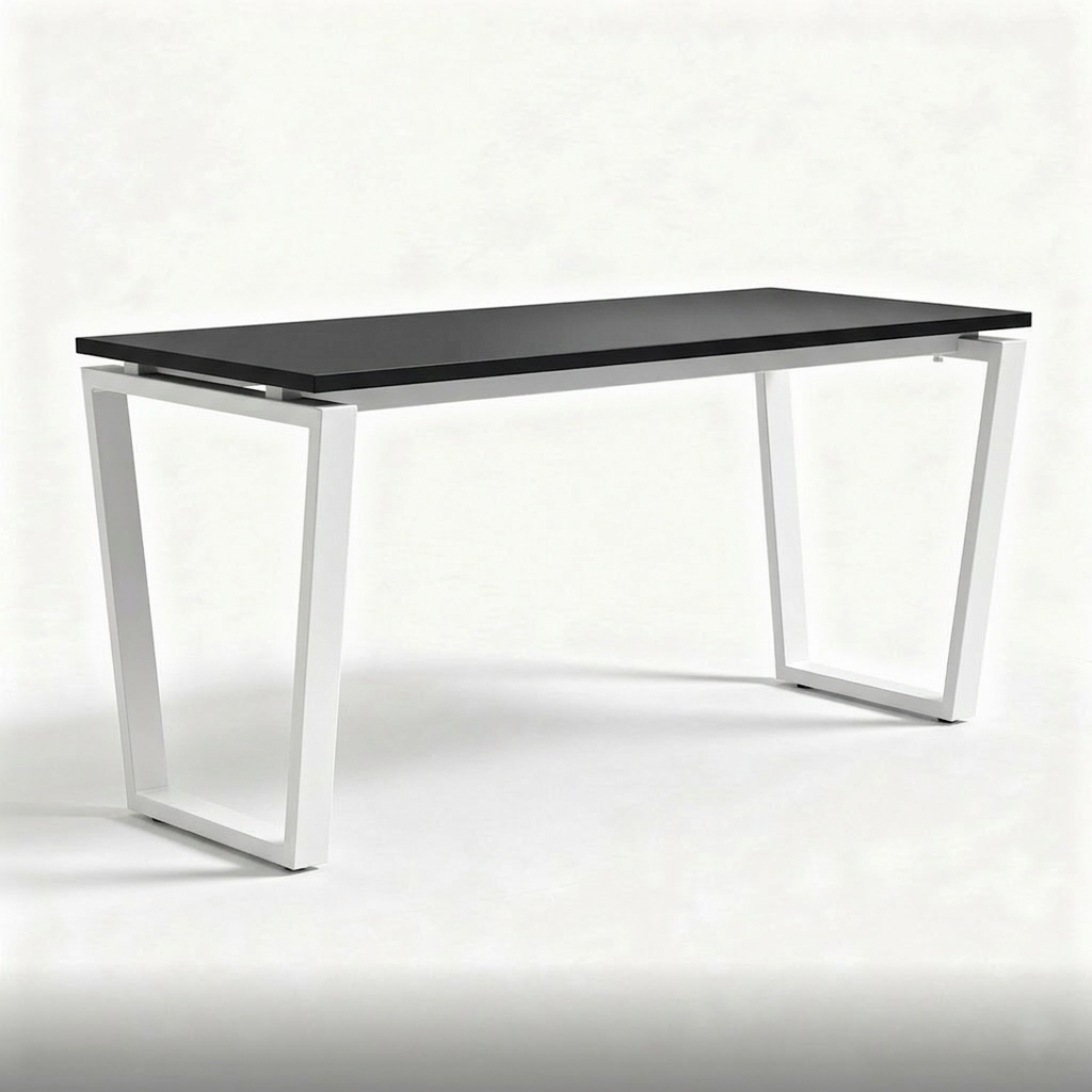 Modern table with black top and white metal frame on a white background