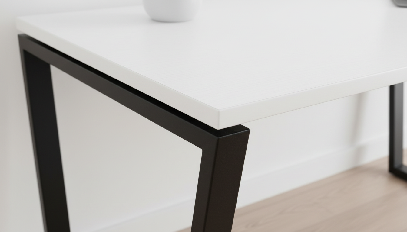 Close-up of a modern desk with black metal legs and white surface.