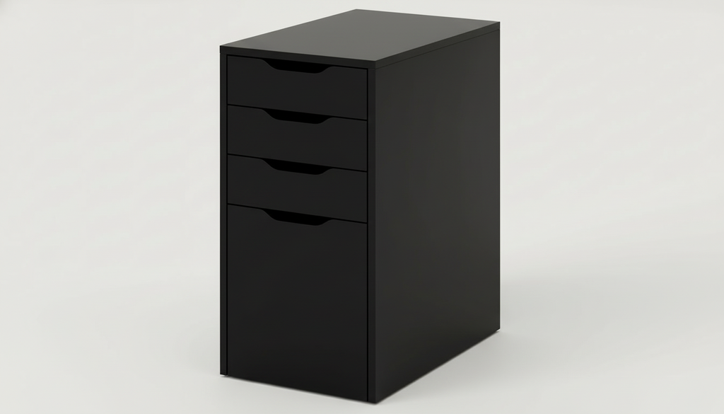 Black filing cabinet with multiple drawers on a white background