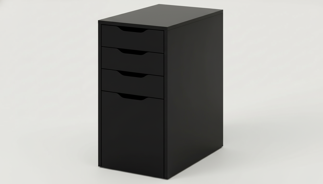 Black filing cabinet with multiple drawers on a white background