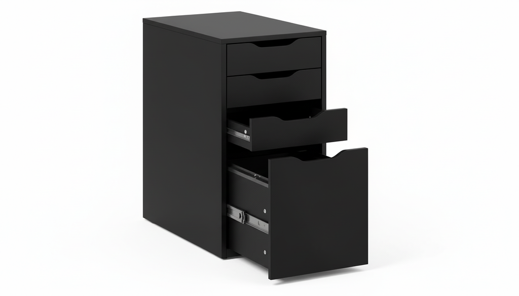 Black filing cabinet with open drawer on a white background