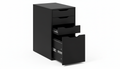 Black filing cabinet with open drawer on a white background