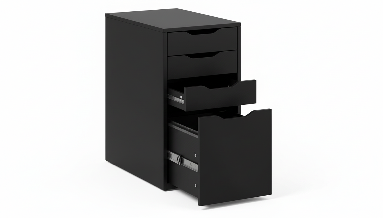 Black filing cabinet with open drawer on a white background