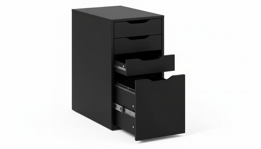 Black filing cabinet with open drawer on a white background