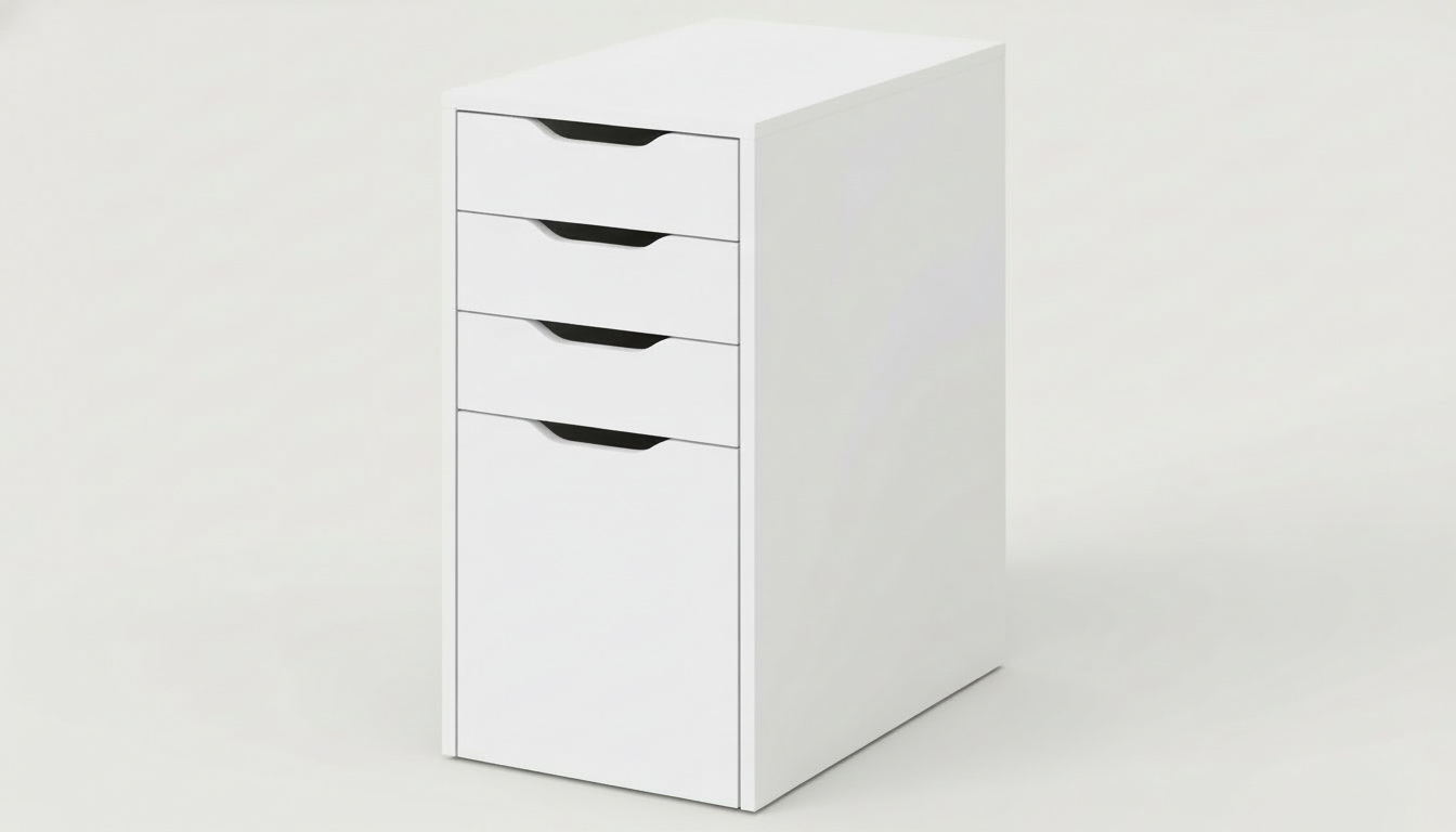 White drawer unit with multiple drawers on a light gray background