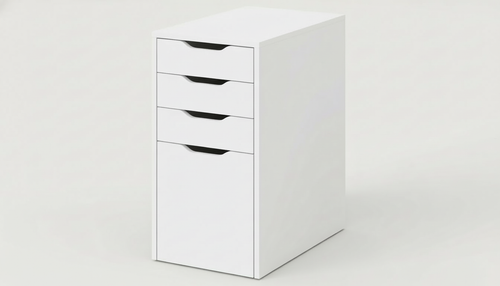 White drawer unit with multiple drawers on a light gray background