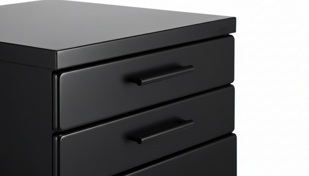 Black drawer unit with three drawers on a white background