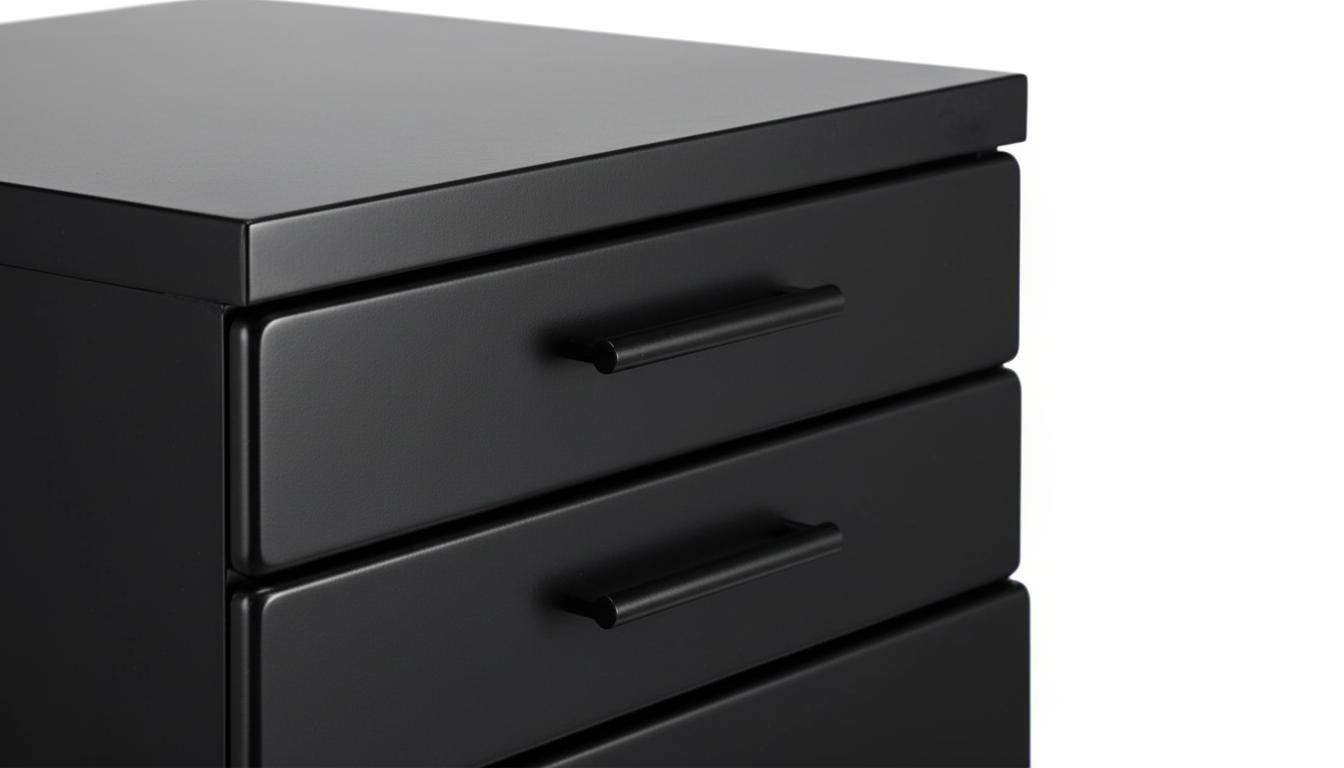 Black drawer unit with three drawers on a white background