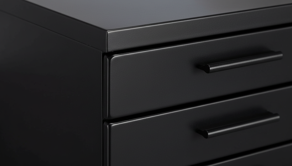 Close-up of a black drawer unit with two visible handles.