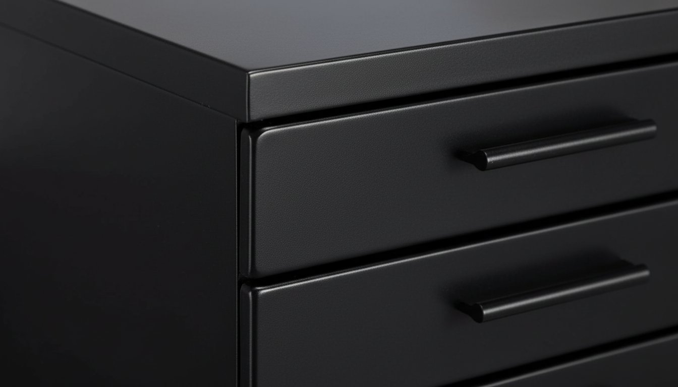 Close-up of a black drawer unit with two visible handles.