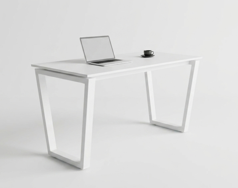 Modern white desk with a laptop and cup on a light gray background