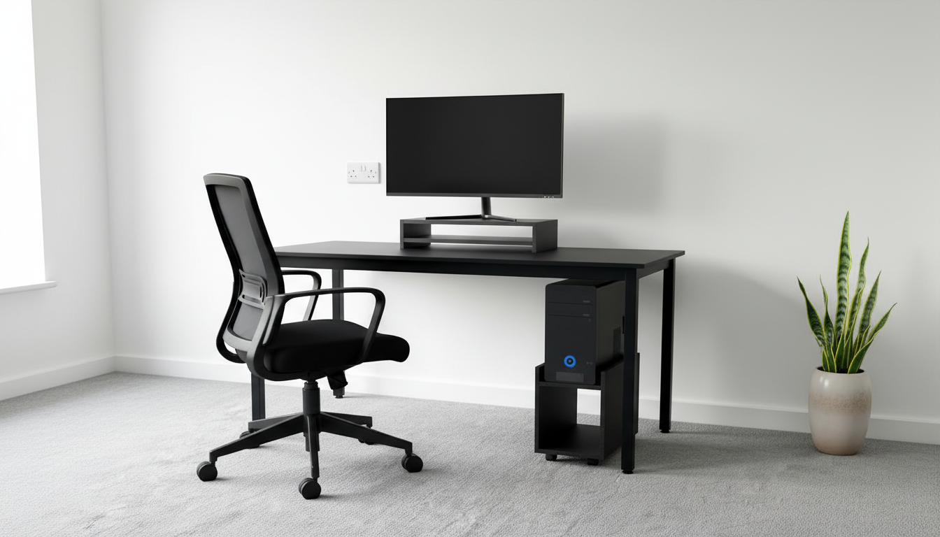Modern office setup with a black desk, chair, and computer monitor.