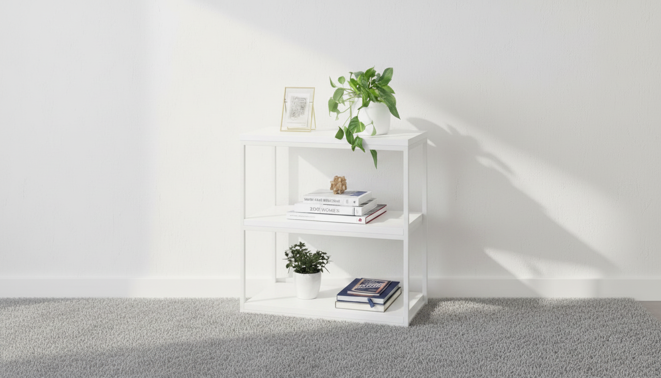 White bookshelf with books and a plant against a white wall