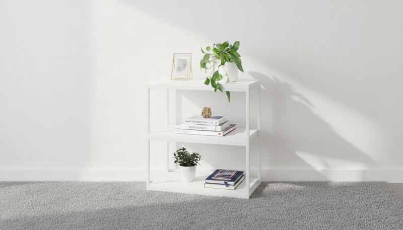 White bookshelf with books and a plant against a white wall