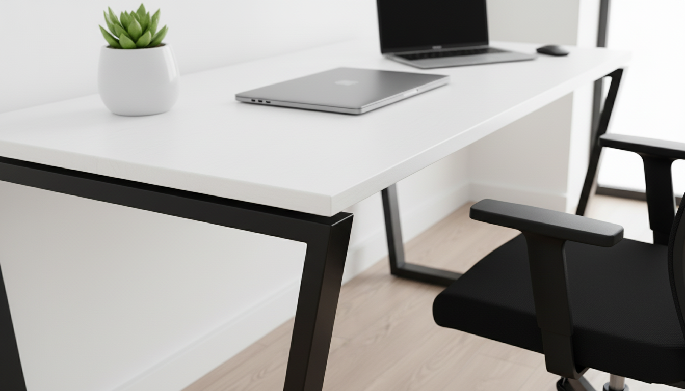 Modern office desk with a laptop, chair, and small plant in a minimalistic setting.