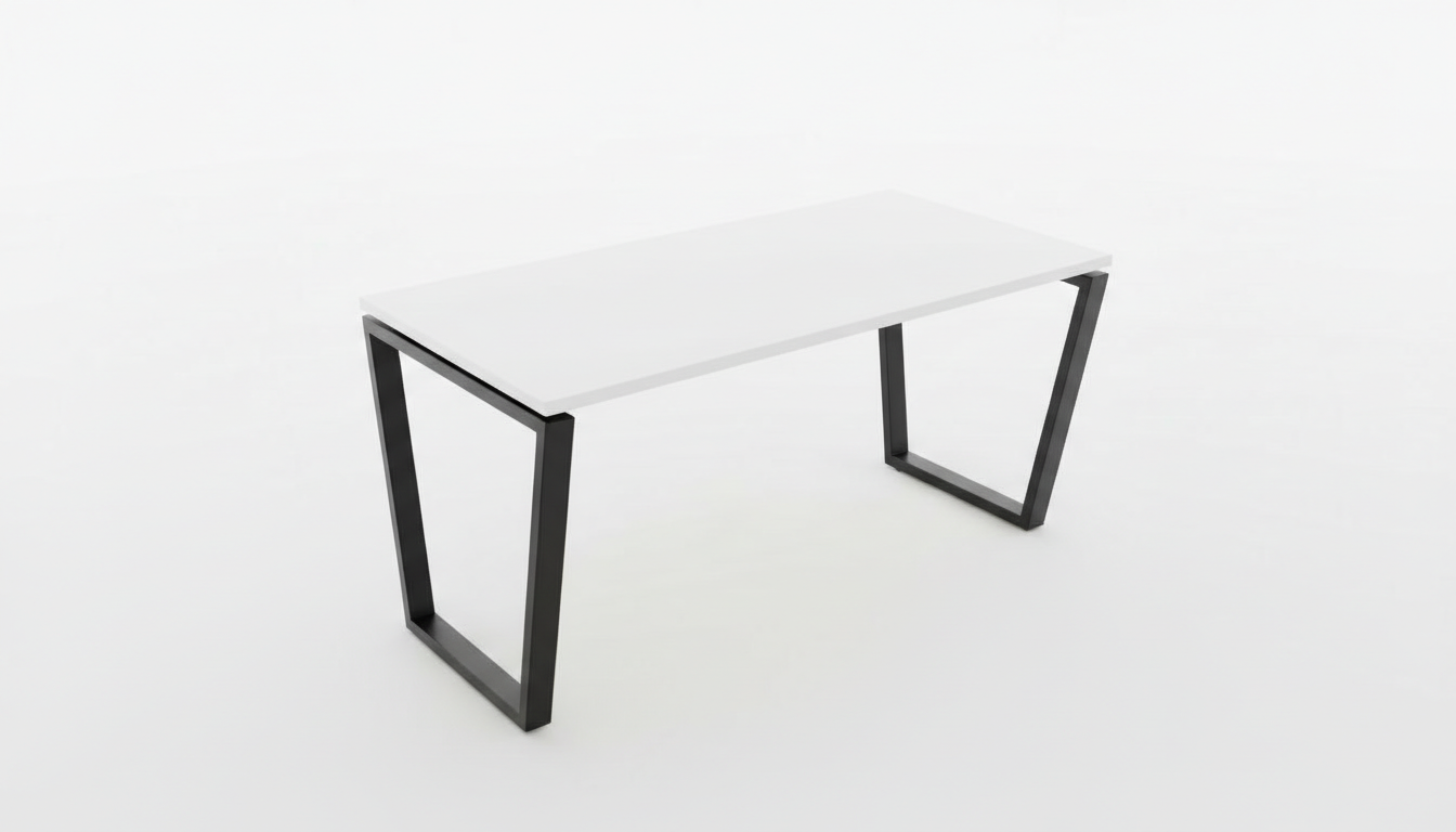 Clear white desk with black metal legs on a white background