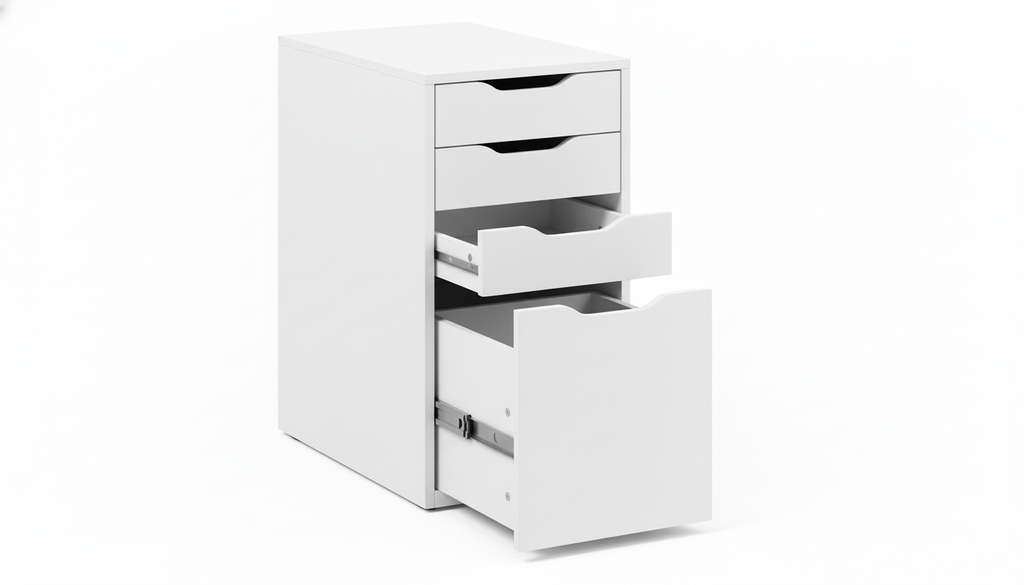 White drawer unit with multiple drawers on a white background