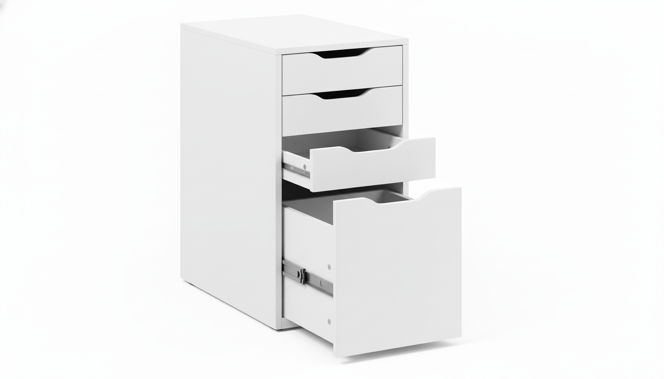 White drawer unit with multiple drawers on a white background