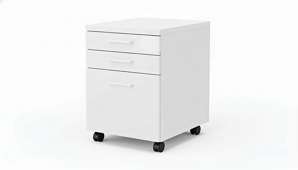 White three-drawer filing cabinet on wheels with a white background