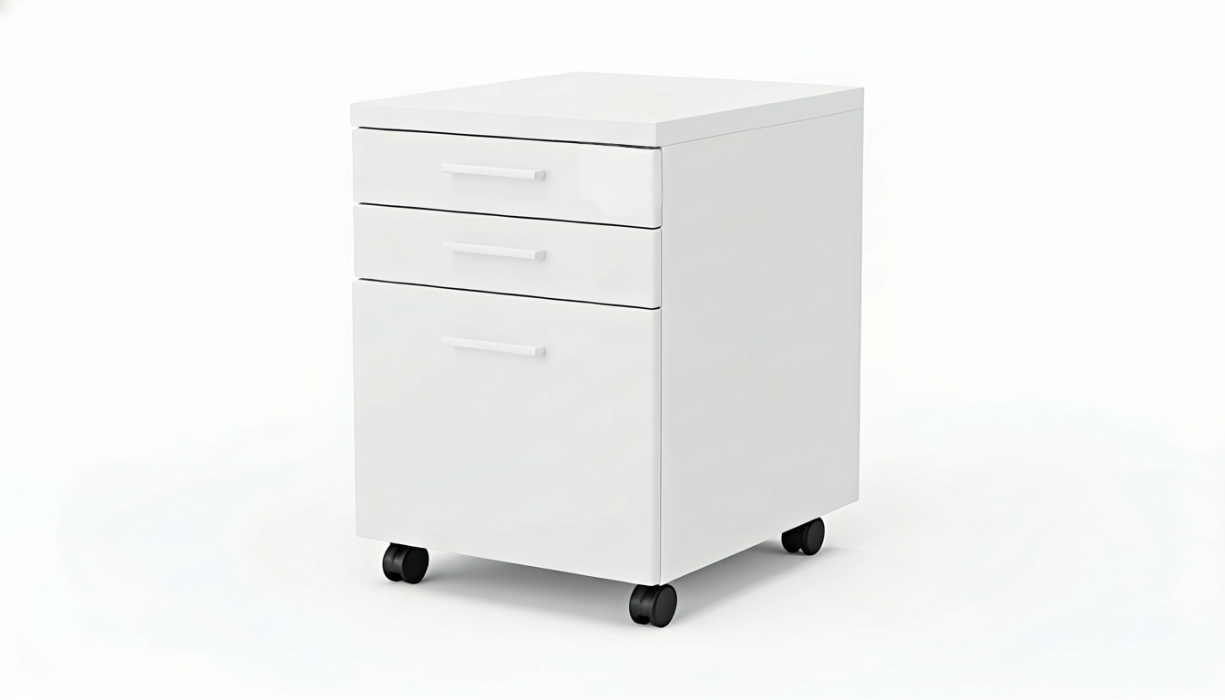 White three-drawer filing cabinet on wheels with a white background