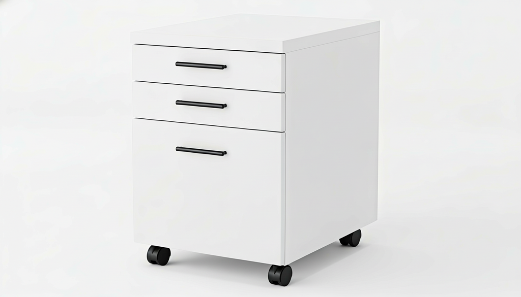 White cabinet with three drawers on wheels against a white background