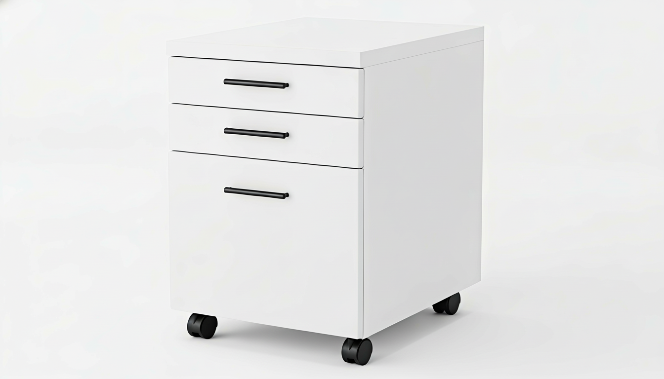 White cabinet with three drawers on wheels against a white background